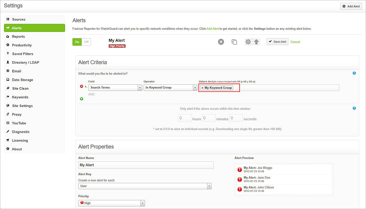 Screenshot of Fastvue Reporter, add alert